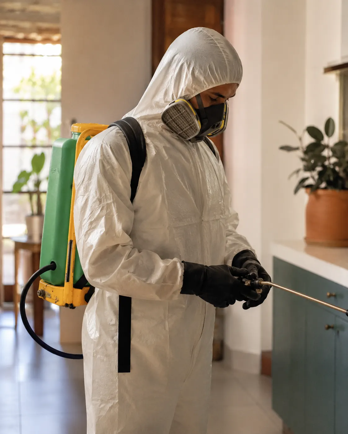 Técnico de Fumigaciones K.O en uniforme certificado con equipo de protección, ajustando el aplicador en un hogar